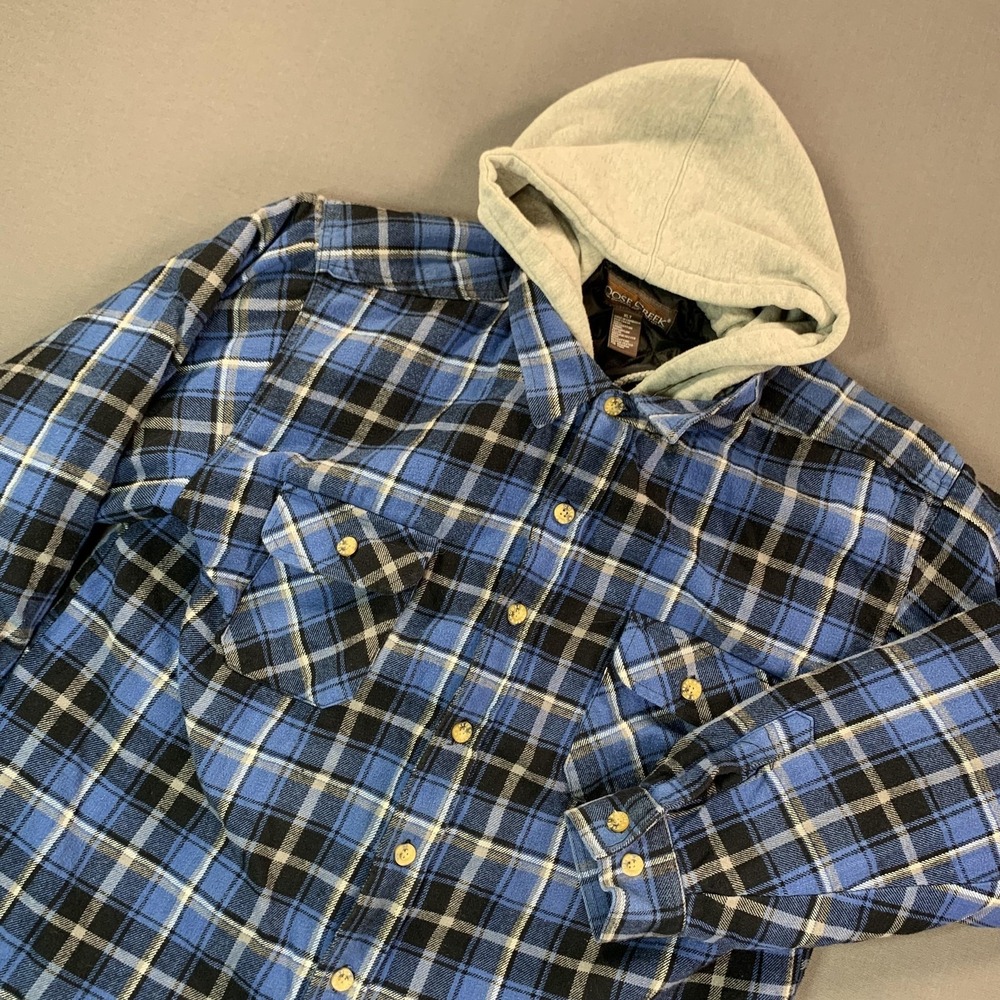 Moose Creek Jacket Mens XLT Blue Plaid Quilted Flannel Hooded Insulated Shacket